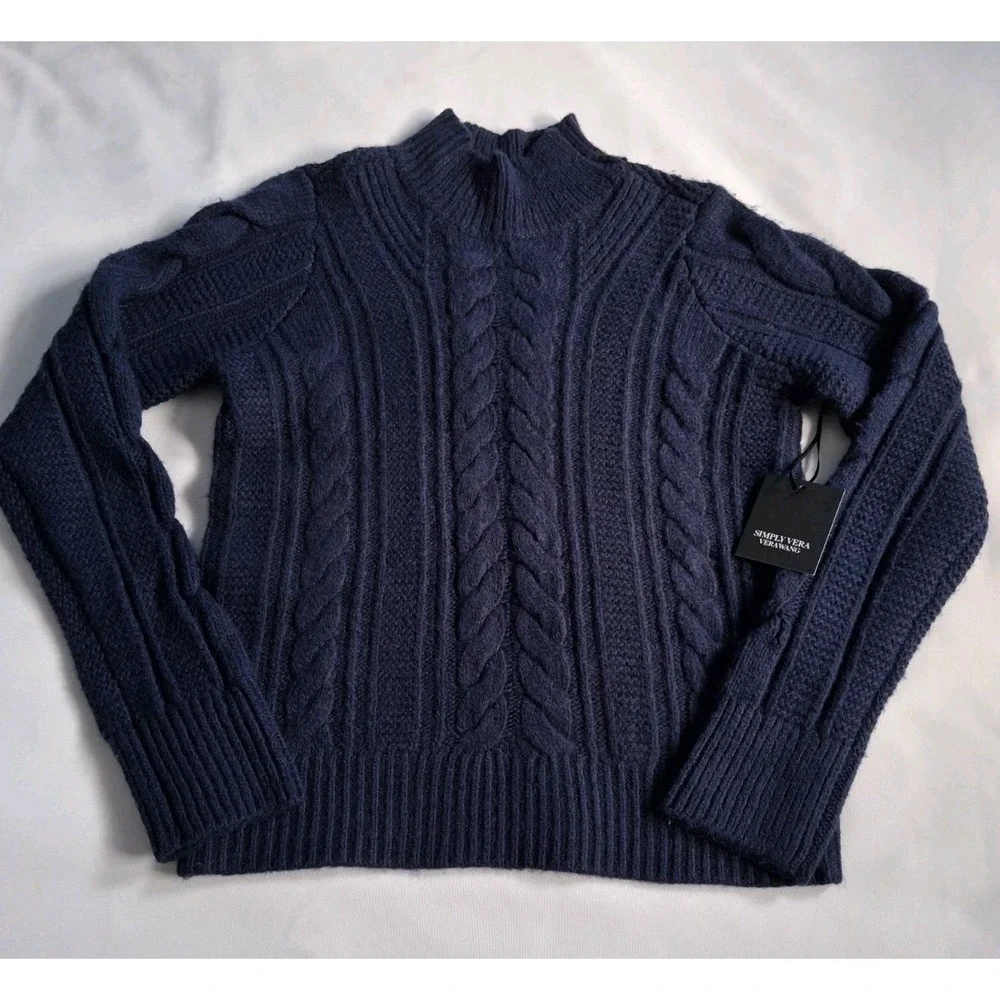 simply vera vera wang women's blue kable knit mock neck pullover sweater size XS